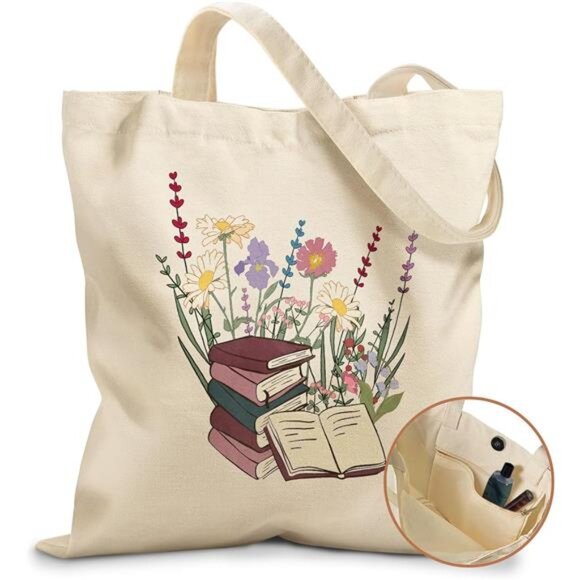 Aesthetic Tote Bag for Girls Book Flower - Picture 1 of 6